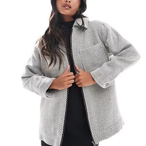 ASOS Design Petite Top Collar Jacket in Light Grey Herringbone Size Small